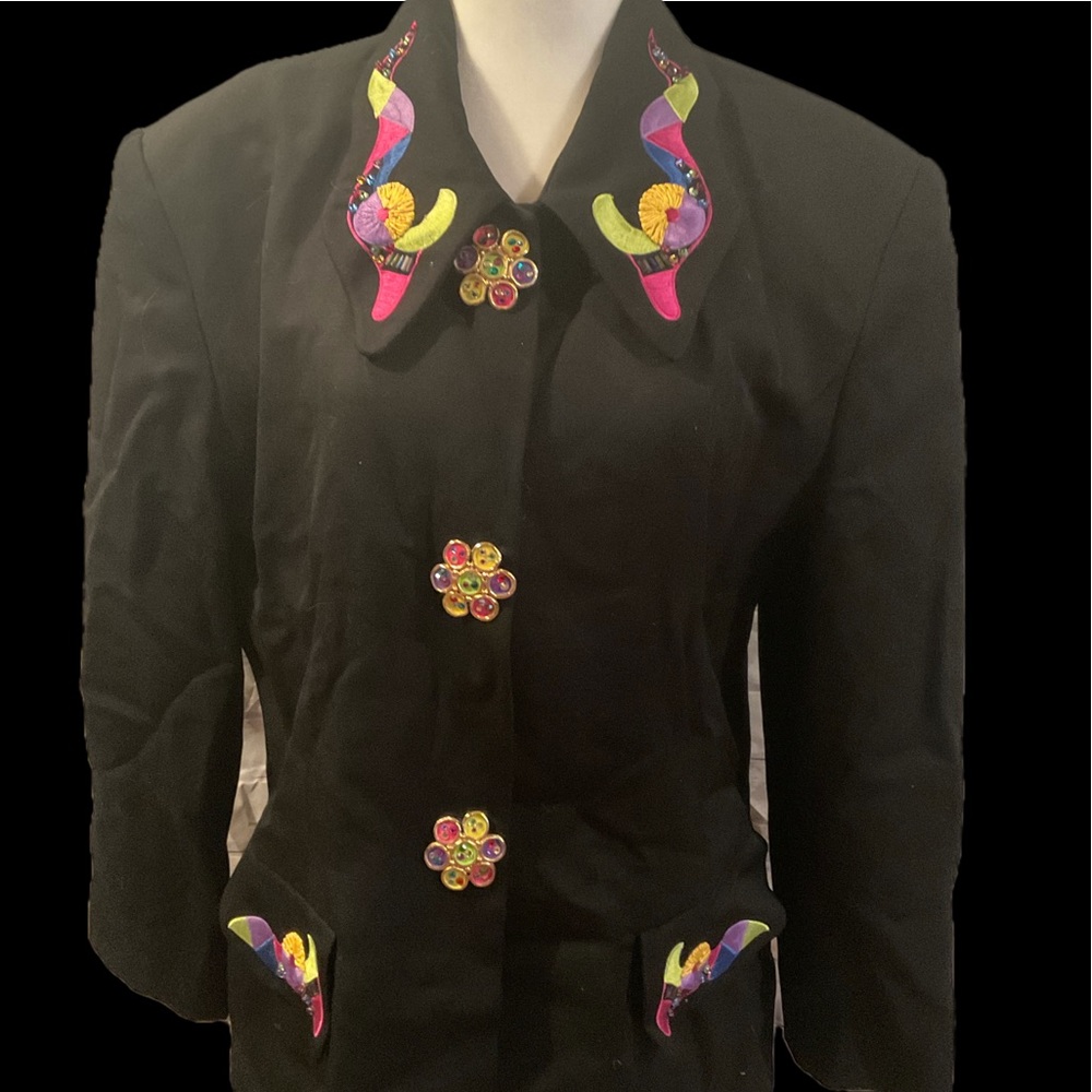 “ECAILLE” PARIS VINTAGE EMBROIDERED and BEJEWELLED BEADED BUTTON BLACK BLAZER.